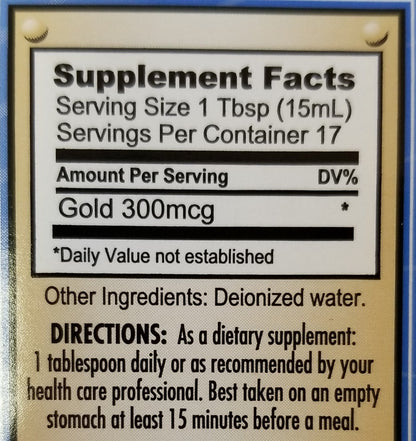 Gold 300MCG 1 Tbsp Colloidal supplement with deionized water Label